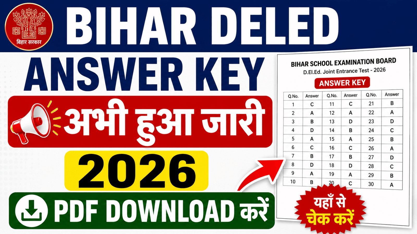 Bihar DElEd Answer Key 2026 Download